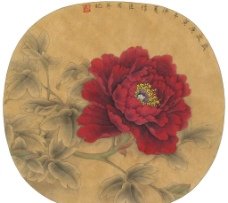 李怀臣高清工笔紫红牡丹团扇图片