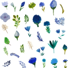 蓝色水彩风格小清新森系树叶花朵图片