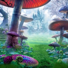 蓝天白云草地巨大蘑菇后的城堡